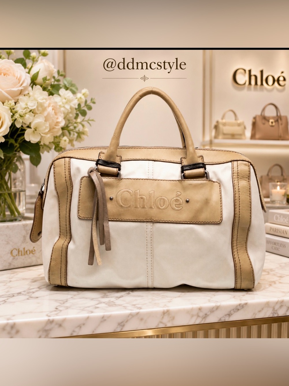 Chloe EUC Cream Canvas & Tan Leather Vintage Weekender Bag